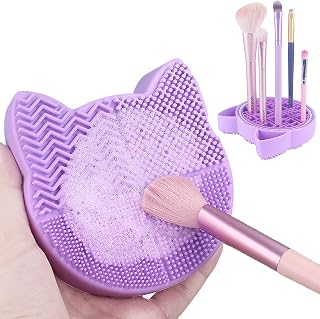 2 in 1 Design Makeup Brush Cleaning Mat with Brush Drying Holder, Silicon Cat Shaped Brush Cleaner Pad & Cosmetic Brush Organizer Rack, Portable Washing Tool for Makeup (Purple)