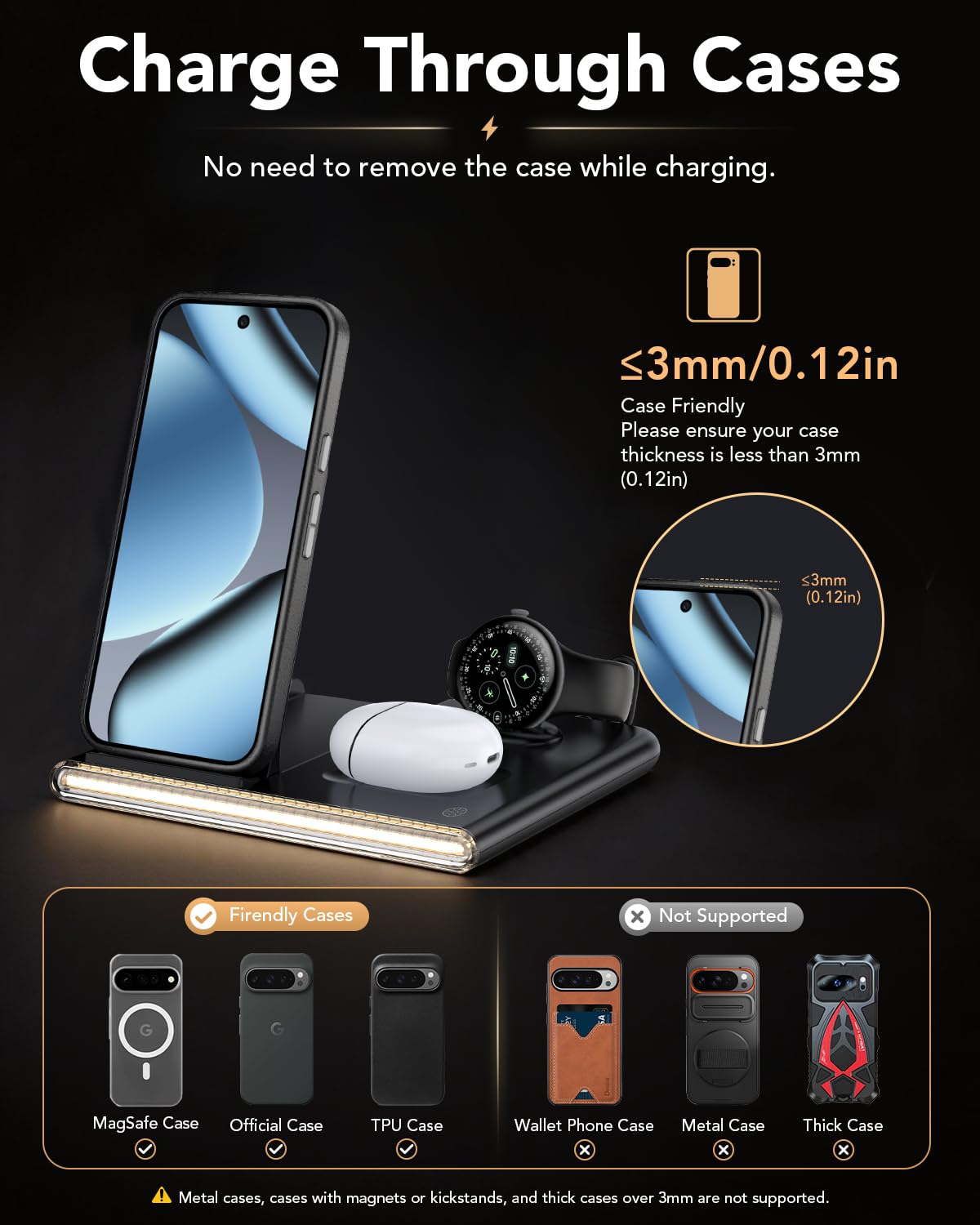 3 in 1 Kabelloses Ladegerät nur für Google Pixel Watch 4 (41mm/45mm), 15W Induktions Ladestation für Google 10 Pro/10/9/8/7/6/5/4, Pixel Buds Pro 2, Nicht kompatibel mit Pixel Watch 1/2/3 | 15w Kabelloses Ladegerät für Google, 5w Pixel Watch 4 Ladegerät (