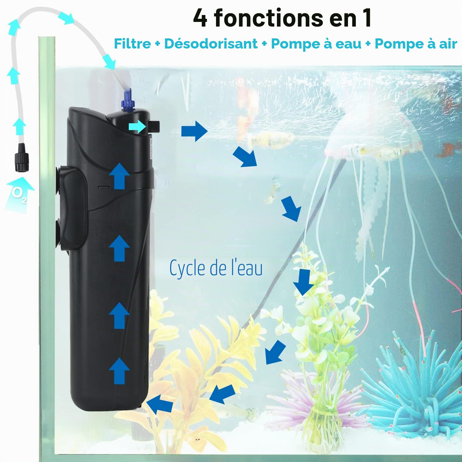 Coospider 4 en 1 U-V Aquarium Filtre JUP-01 pour 150-300L Réservoir Submersible Aquarium Filtre Pompe Greenalgue Cleaner avec 1 Ampoule de Rechange + 2 éponges de Filtre de Remplacement 800L/h 9 Watt
