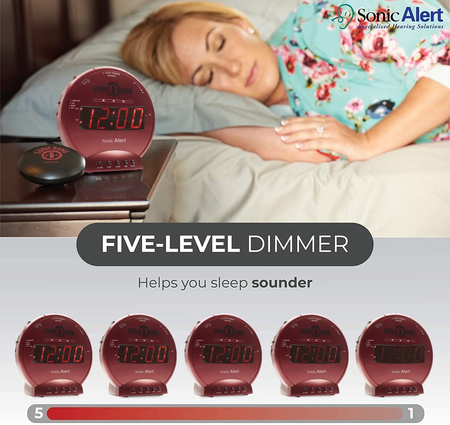 Sonic Alert Sonic Bomb Dual Alarm Clock with Bed Shaker, Red Vibrating Alarm Clock Heavy Sleepers, Battery Backup | Wake with a Shake