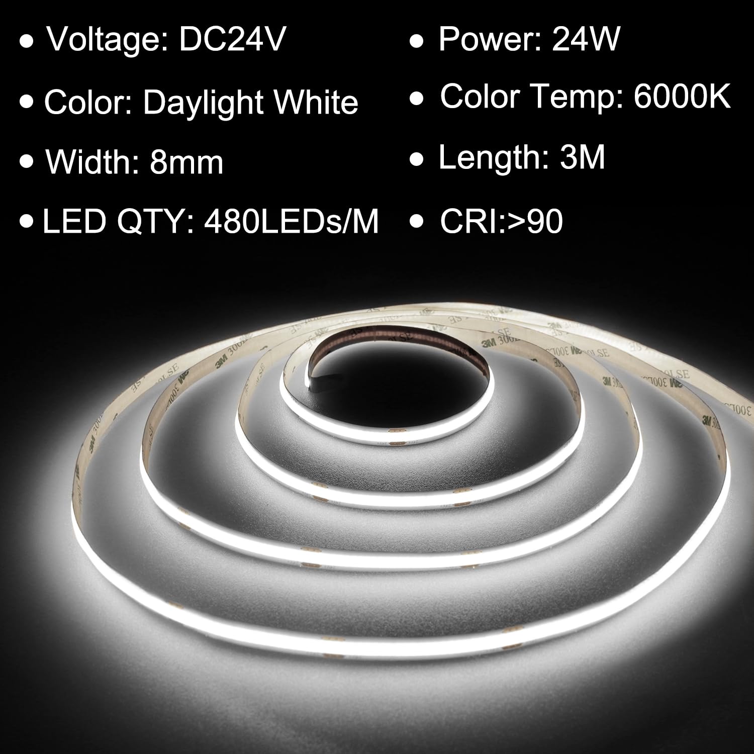 TTWAY Striscia LED COB 3M, LED Striscia 6000K con Alimentatore e Telecomando, DC24V, 480LEDs/M, CRI 90+, larghezza 8mm, Striscia LED 3 metri Bianco Freddo per la Decorazione della Camera da Letto