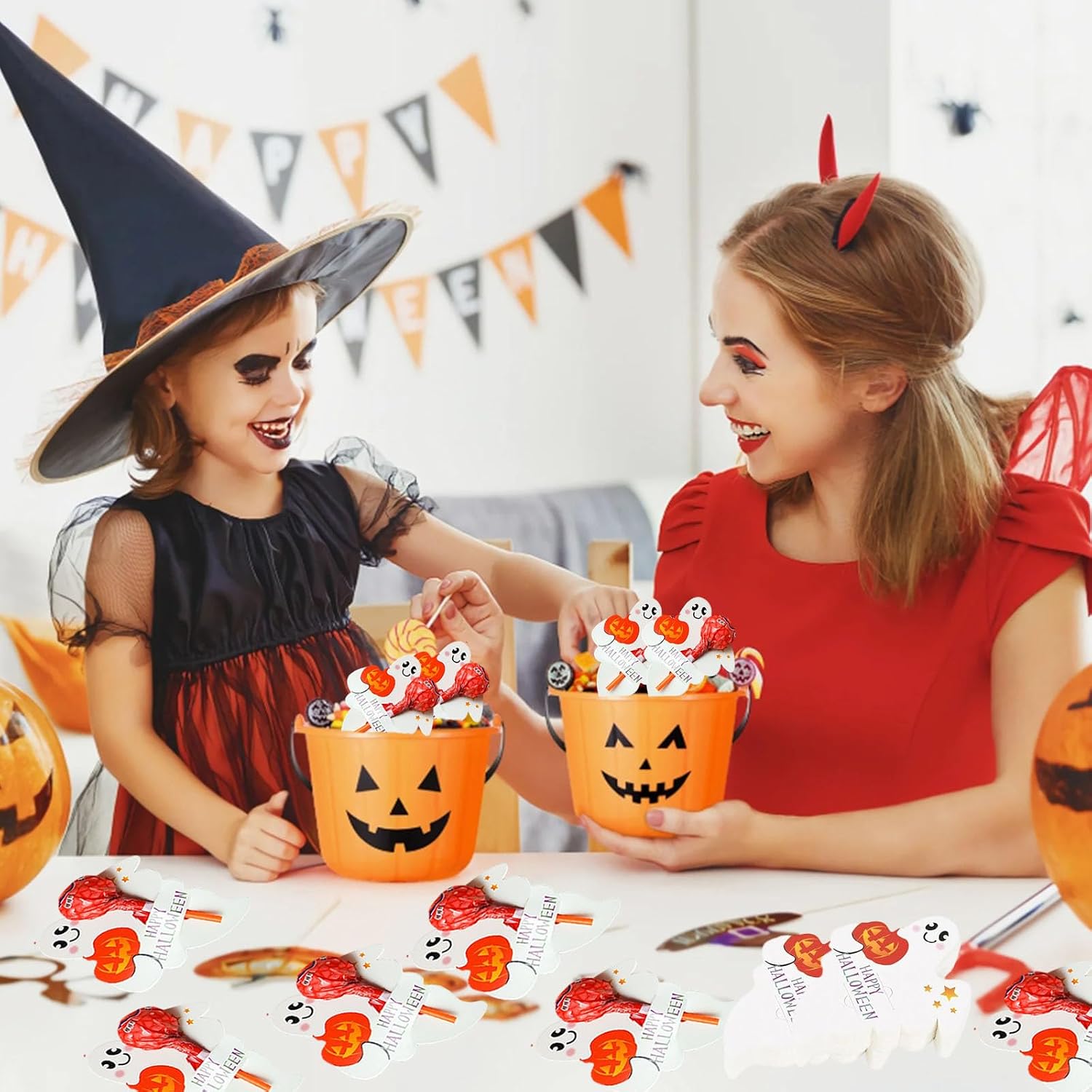 ZHUIGUANGZE 100Pcs Halloween Lollipop Paper Cards Candy Decoration Card Paper Creative Ghost Sugar Holder Cards Chocolate Biscuit Wrapping Decoration for Halloween Parade Party DIY Supplies