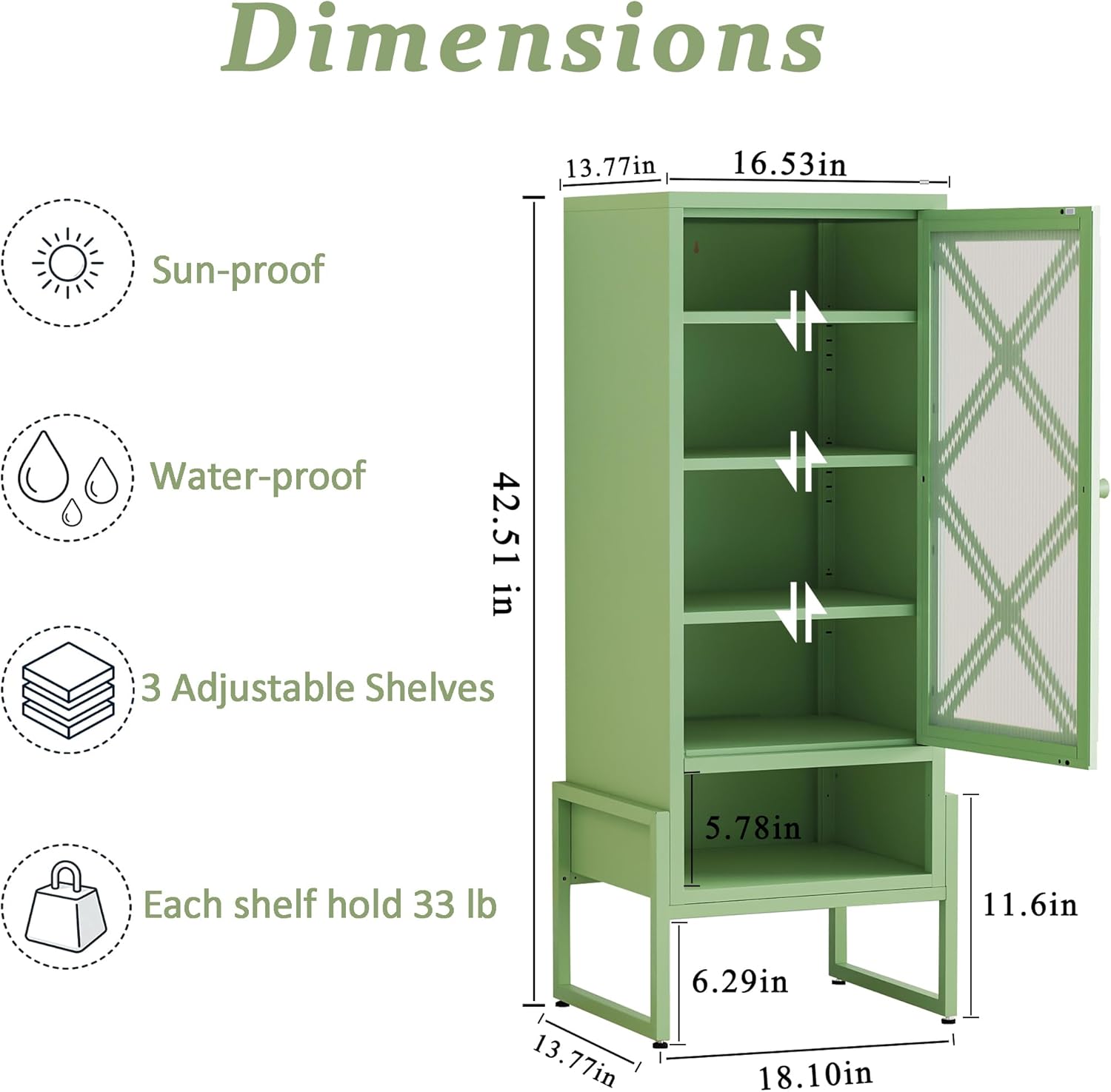 Outdoor Storage Cabinet, Heavy-Duty Metal Patio Cabinet with Waterproof & Rust-Resistant Coating, 3 Adjustable Shelves, Raised Base for Balcony, Backyard, Porch & Garden (Sage Green)