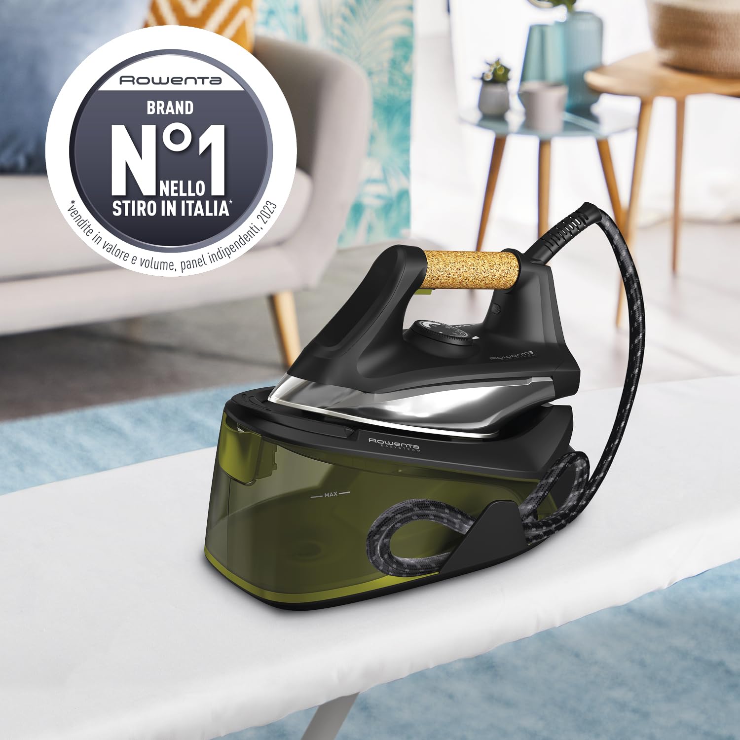 Rowenta VR7360 Easy Steam Generatore a Vapore, Erogazione Continua da 110 G/Min, Getto da 270 G/Min, Riscaldamneto Rapido in 2 Min, Vapore Verticale, Nero/Verde