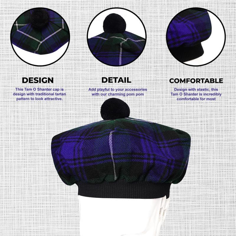 Image of Scottish Tam O' Shanter Hat Tartan Bonnet Pom Pom Wool Flat Cap One Size