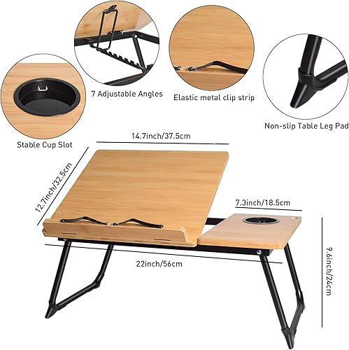 Miniatura 7 de wishacc Soporte de libro para leer en la cama, soporte de bambú para laptop, bandeja ajustable para libros con clips de página, clips de papel