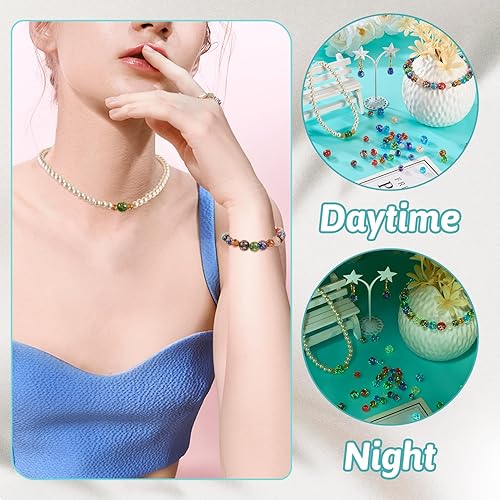 Miniatura 5 de Craftdady 96 cuentas de cristal redondas con arena dorada, 24 estilos hechos a mano que brillan en la oscuridad, cuentas espaciadoras sueltas de