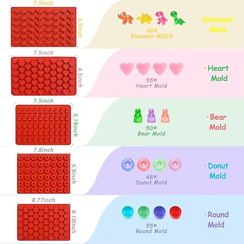 Miniatura 2 de Molde de goma de oso de silicona para gomitas de caramelo, 5 moldes de goma y chocolate para niños, incluyendo mini oso, dinosaurio, redondo,