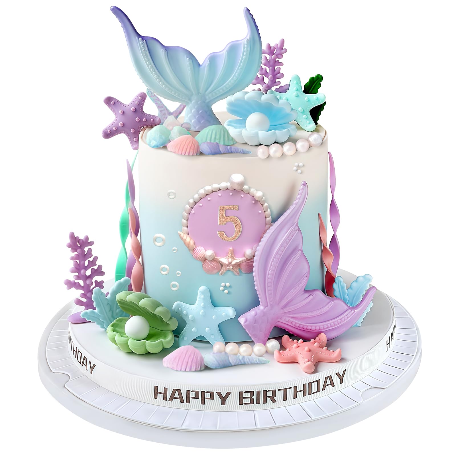 Photo 1 of Mermaid Cake Topper - Mermaid Tail Cake Decorations with Seaweed Shells Starfish Coralal Under the Sea Cake Decorations for Birthday Party Decorations (Blue Purple)