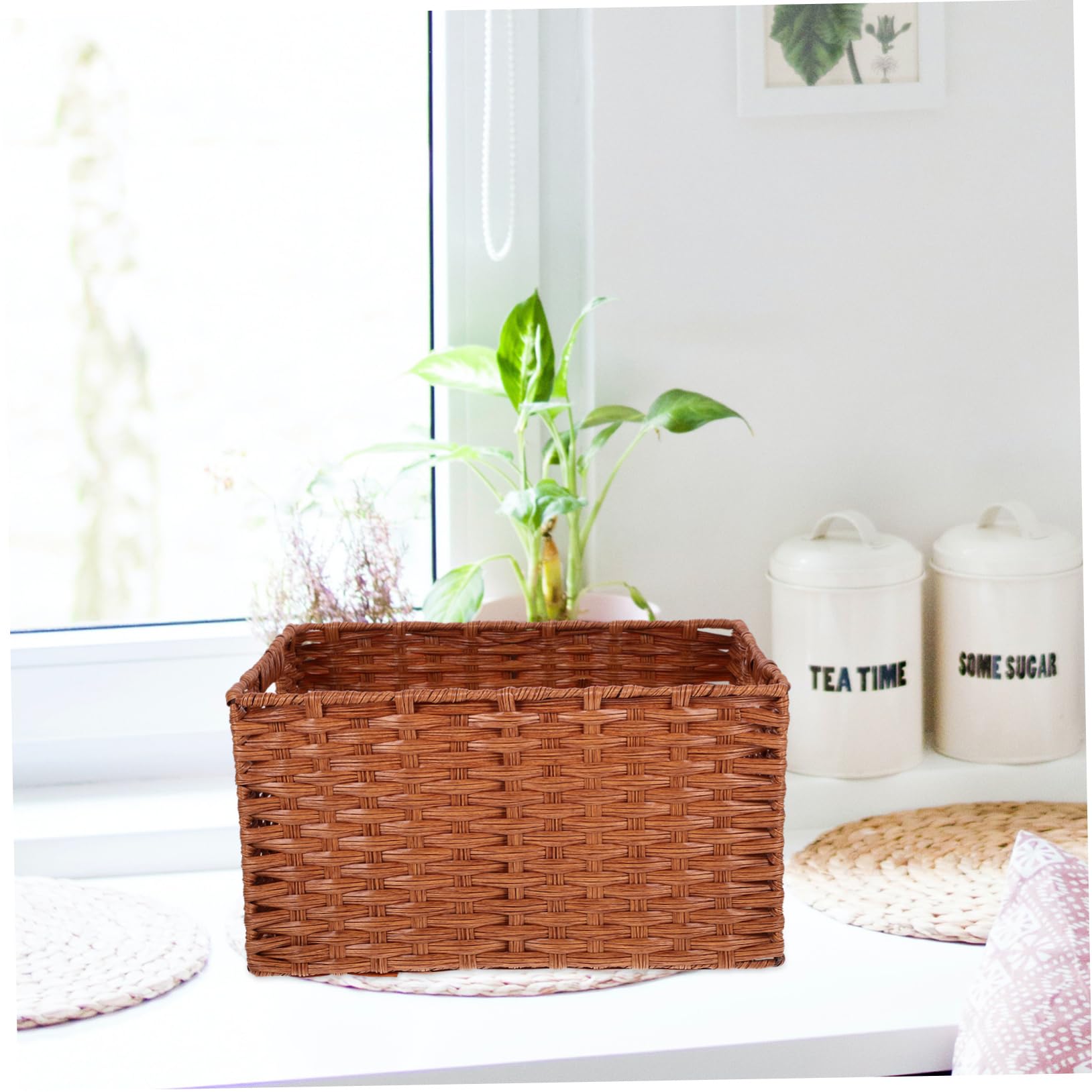 IMIKEYA Cesto Portaoggetti da Tavolo Intrecciato Effetto Rattan Grande Capacità in Ferro e Pp, Design Retrò per Scuole e Case, Soluzione Pratica di Stoccaggio