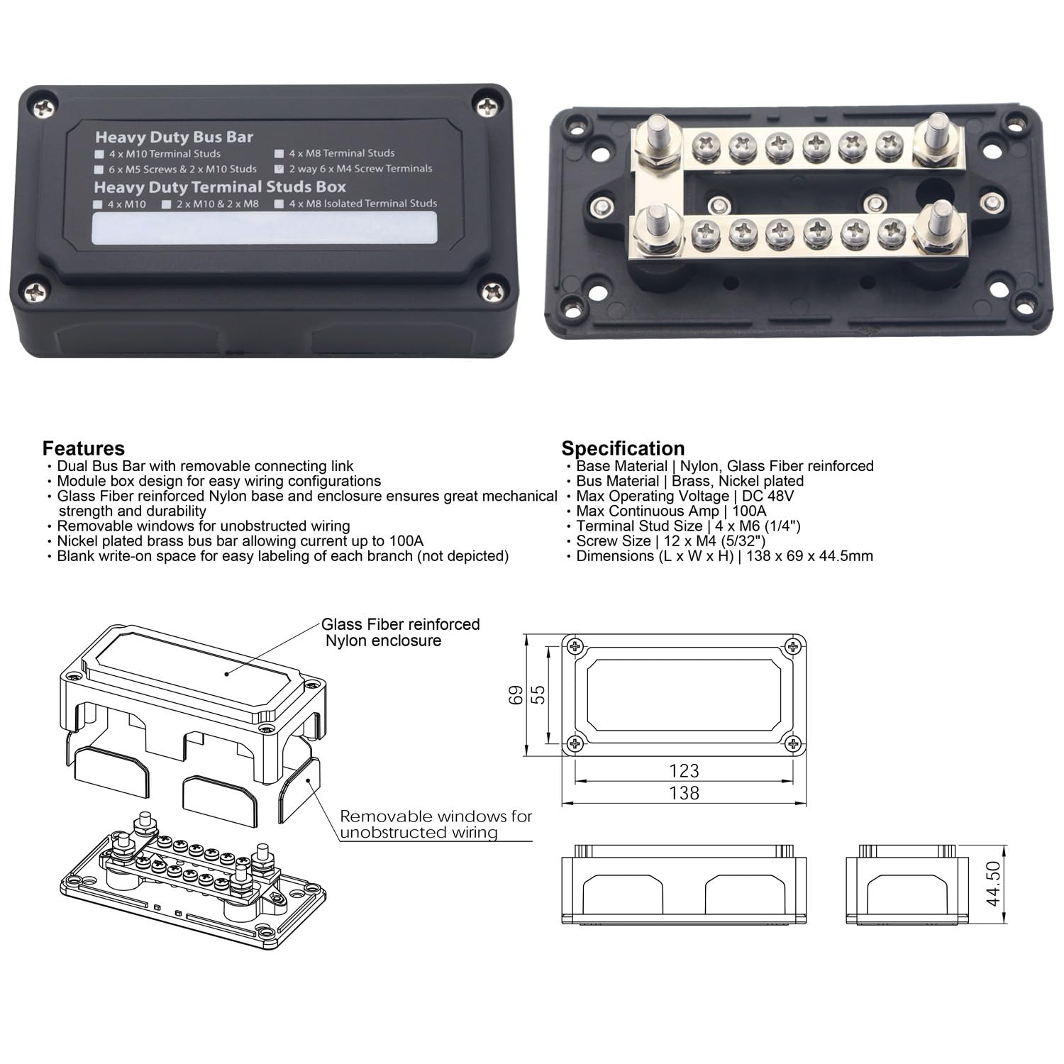 Boîte de distribution et de jonction de barre de bus avec 12 vis et 4 bornes M6 100A 12V-48V CC