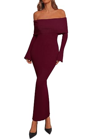 dowerme Womens Off The Shoulder Sweater Dress 2025 Formal Long Sleeve Bodycon Maxi Wedding Guest Dresses Fall Outfits