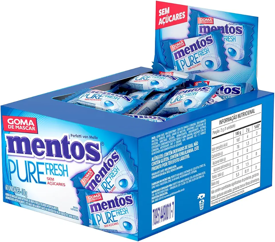 Gomas de Mascar, Mentos, Pure Fresh Mint, Sem Açúcar, sabor de menta - Monopeça | 60 Unidades
