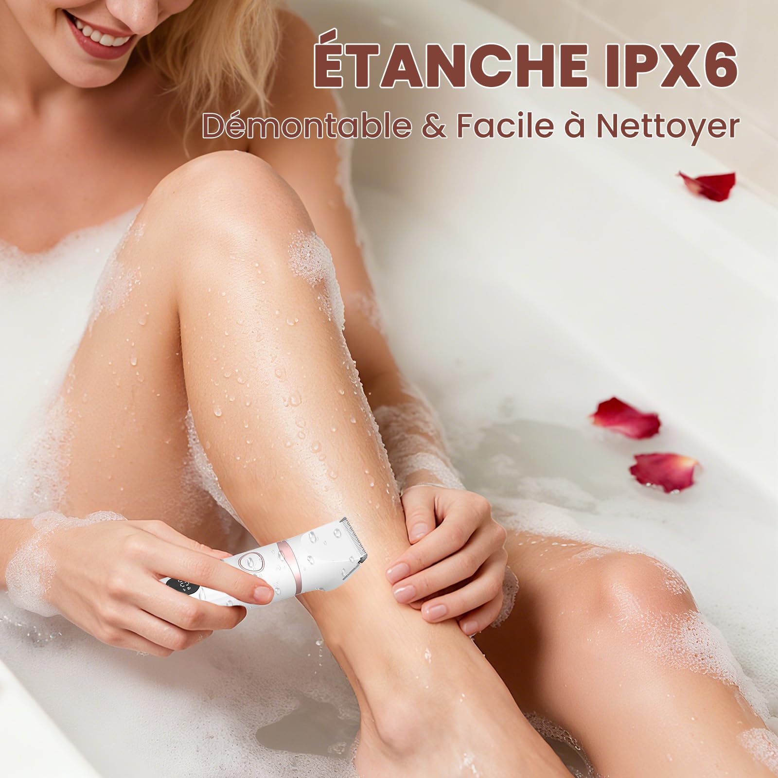 Rasoir Electrique Femme 3-en-1, MAXGROOM Tondeuse Intime Femme Humide/Sec, Rasoir Électrique avec Affichage LED & Lame Céramique, Tondeuse Bikini pour Visage Aisselles Jambes Corps, 90 min d'autonomie