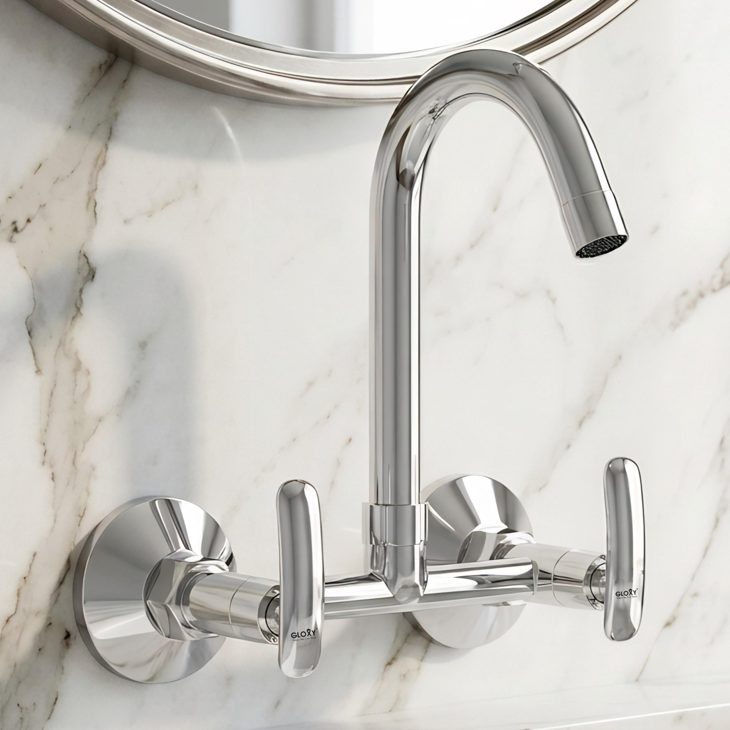 Gloxy Premium Brass 2 in 1 Hot & Cold Water Mixer Faucet with 360° Swivel Spout - Chrome Finished Heavy Wall Mount Faucet with Imperial Levers for Bathroom & Kitchen - 10 Years Warrenty-image-13