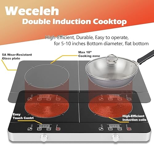 Miniatura 5 de Weceleh Placa de inducción portátil de dos quemadores, placa de cocción de doble inducción de 1800 W, placa caliente de 2 quemadores, estufa de