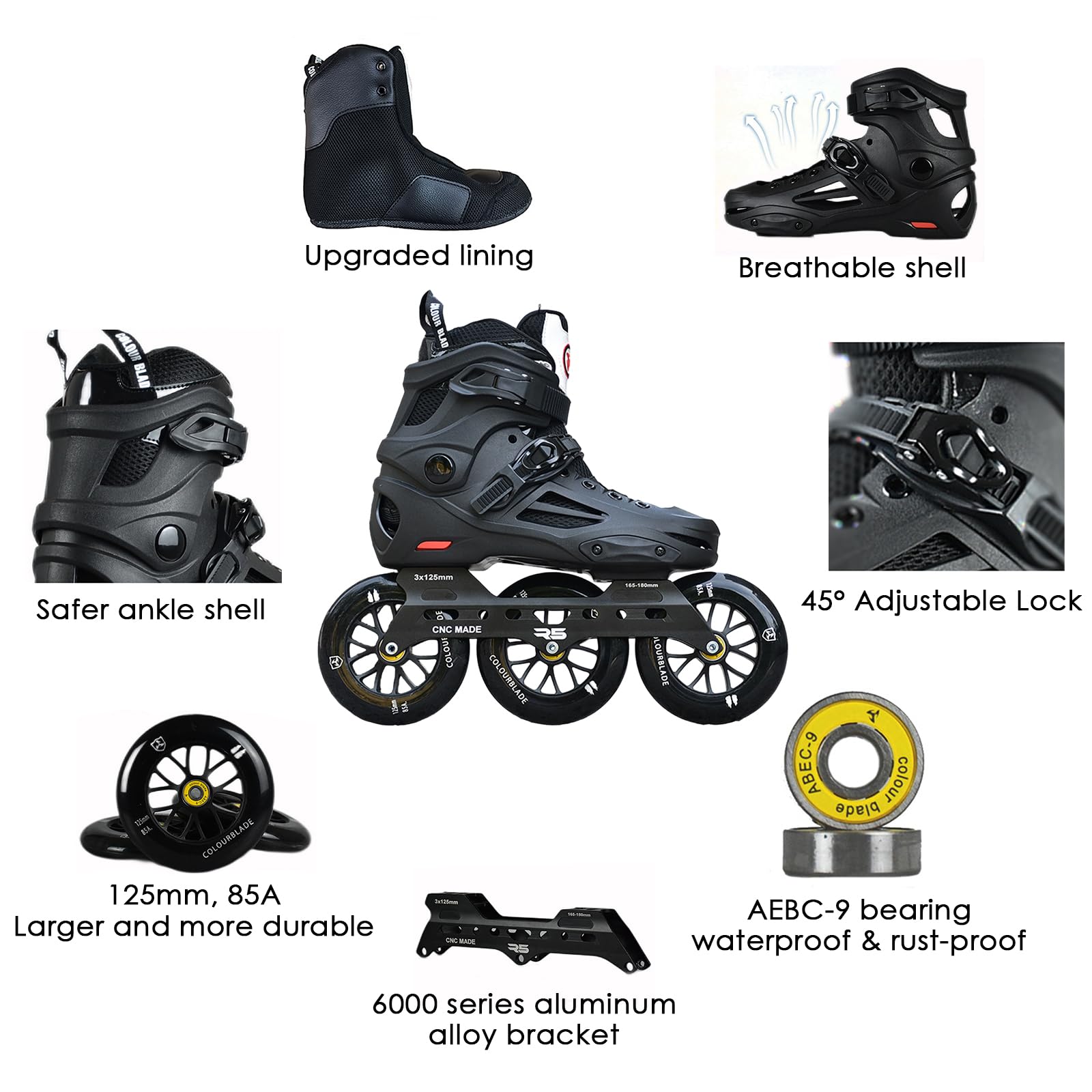 Patines en línea unisex, patines de velocidad para exteriores con ruedas de 3 x 125 mm para uso adulto, ideales para parque, calle y carretera Slalom