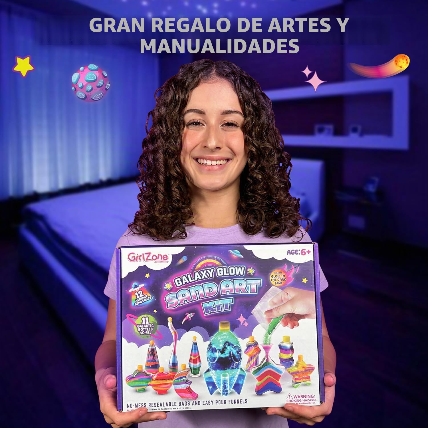 GirlZone Kit de Arte con Arena de Galaxia Brillante, Arena Mágica de Colores Kit Manualidades y Juegos con Arena Galáctica Kit de Arte Regalos Niños