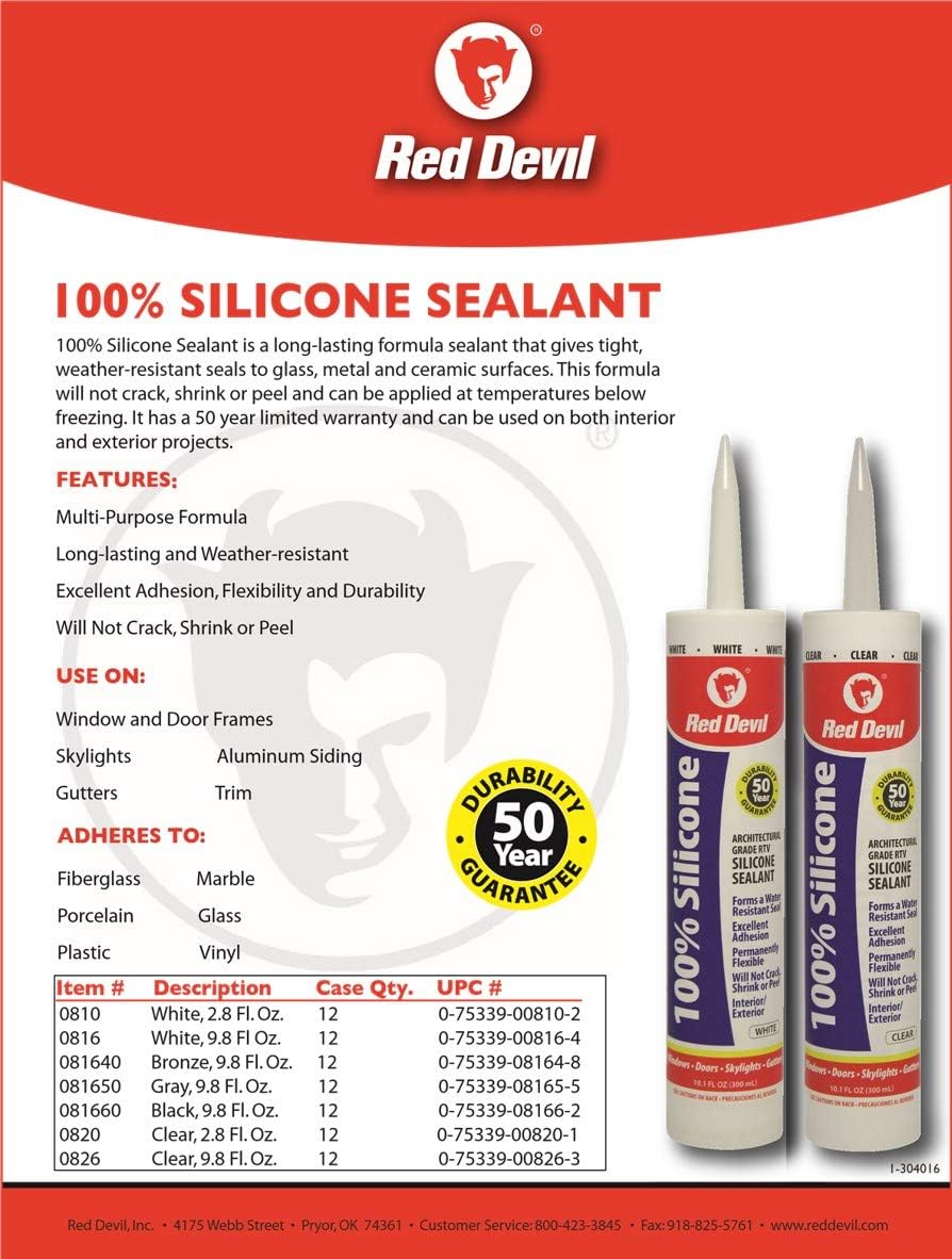 Red Devil 0816 100% Silicone Sealant Architectural Grade, Silicone Architectural Grade RTV Sealant, A Water-Resistant Adhesive for Interior and Exterior Use, 9.8 oz.Tube, White, 1-Pack