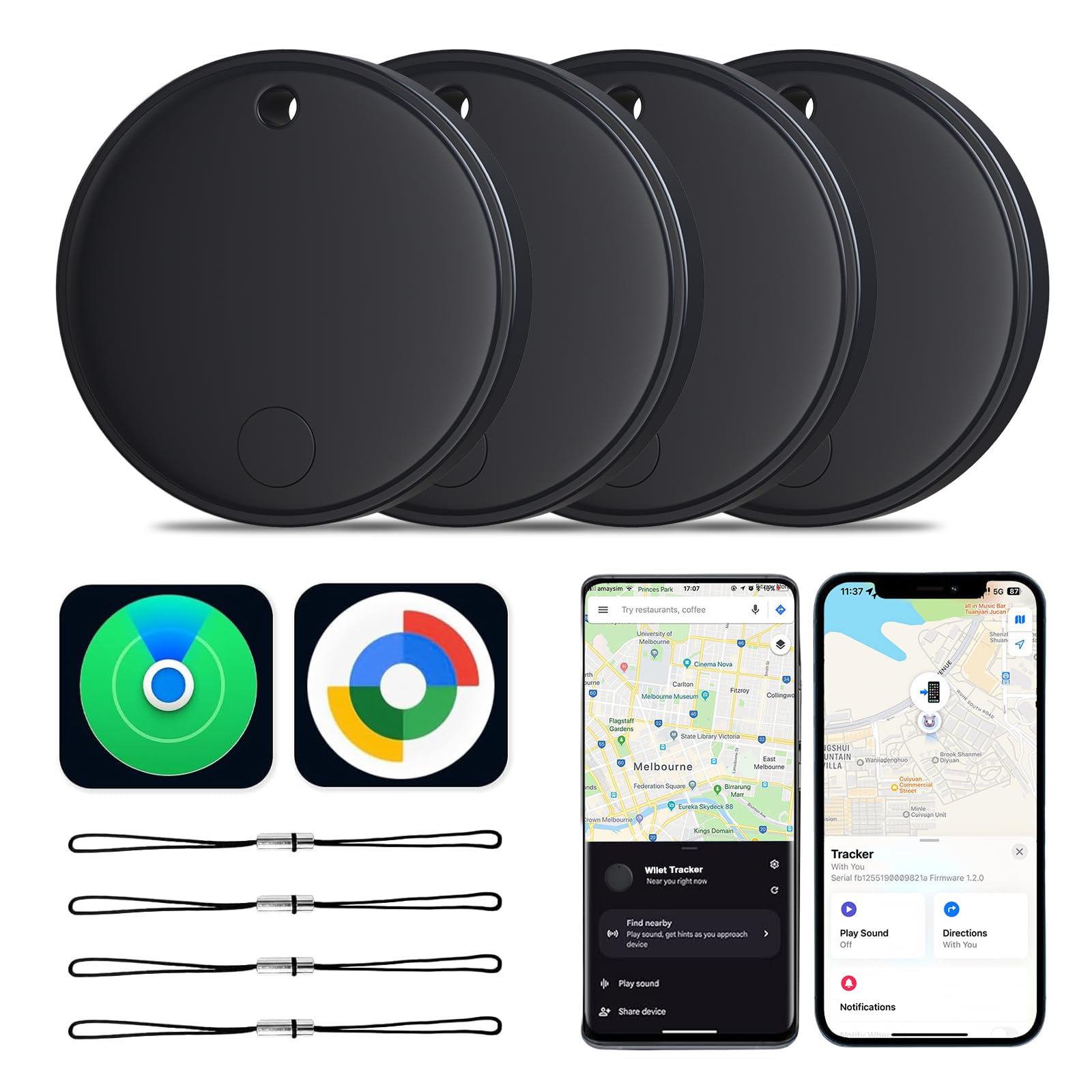 4 Pack Dual System Tracker Tag for iOS and Android, Bluetooth Luggage Tracker Compatible with Apple's Find My or Google's Find Hub(Android) for Keys, Backpack, Luggage, Wallet, Vehicles - 4 Pack