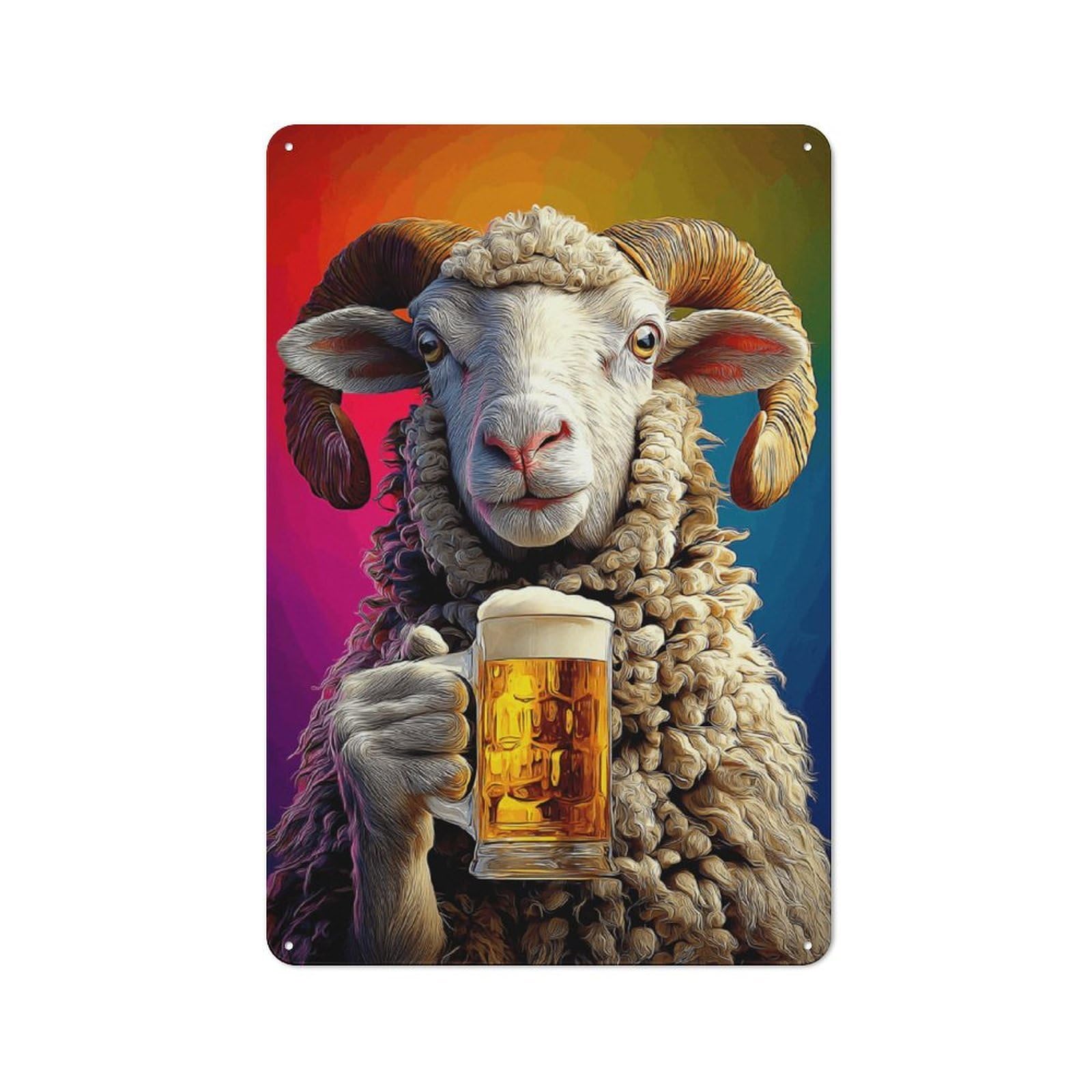 Tin Sign 30x20cm with Ram Holding A Mug of Beer for Pub Or Café, Rustic Decor, Wall Decoration for A Recently Updated Pub And Café