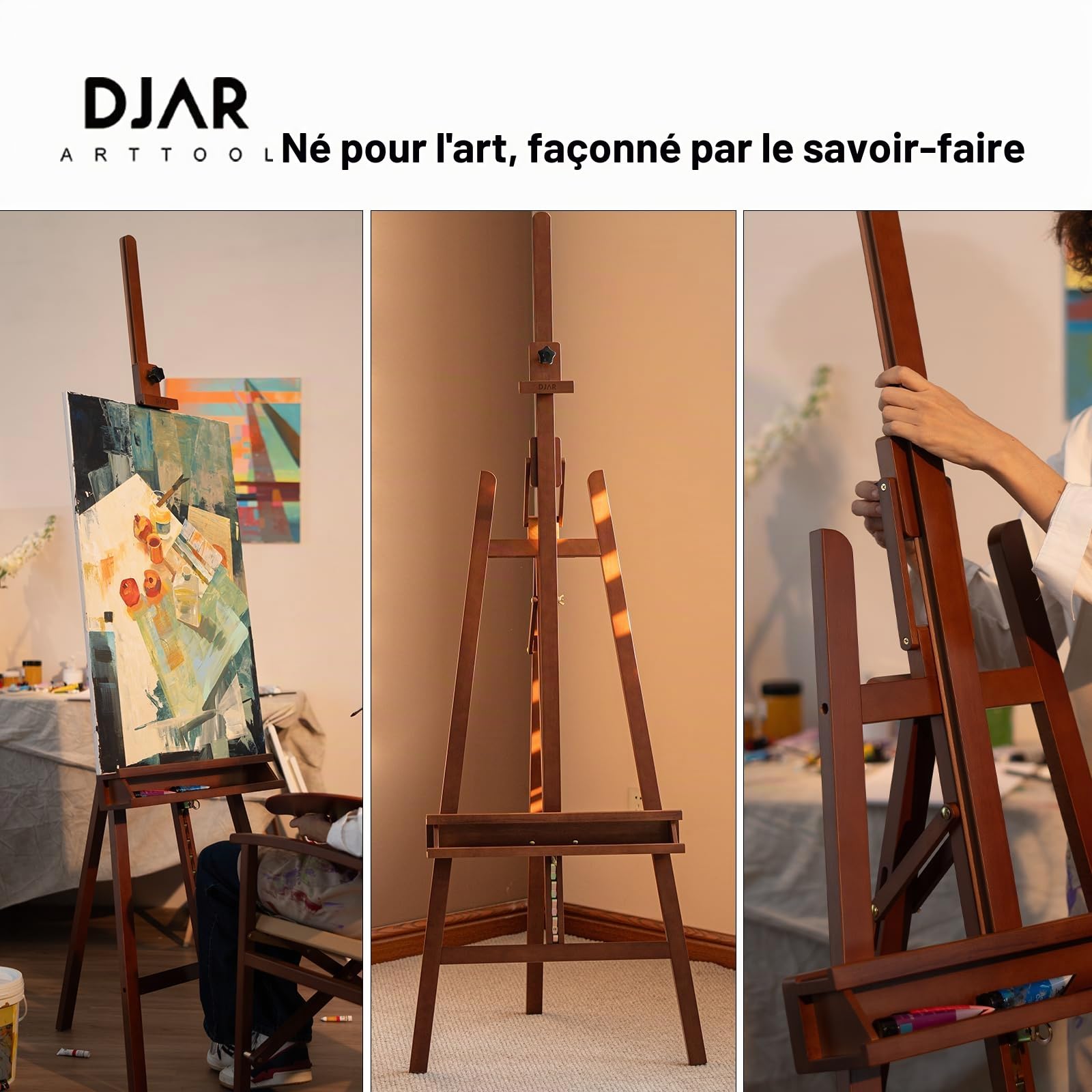 DJAR Chevalet d'Atelier en Cadre A, Grand Chevalet de Sol Réglable en Bois de Hêtre avec Plateau de Rangement, Pour Toiles jusqu'à 124 cm, Finition Noyer