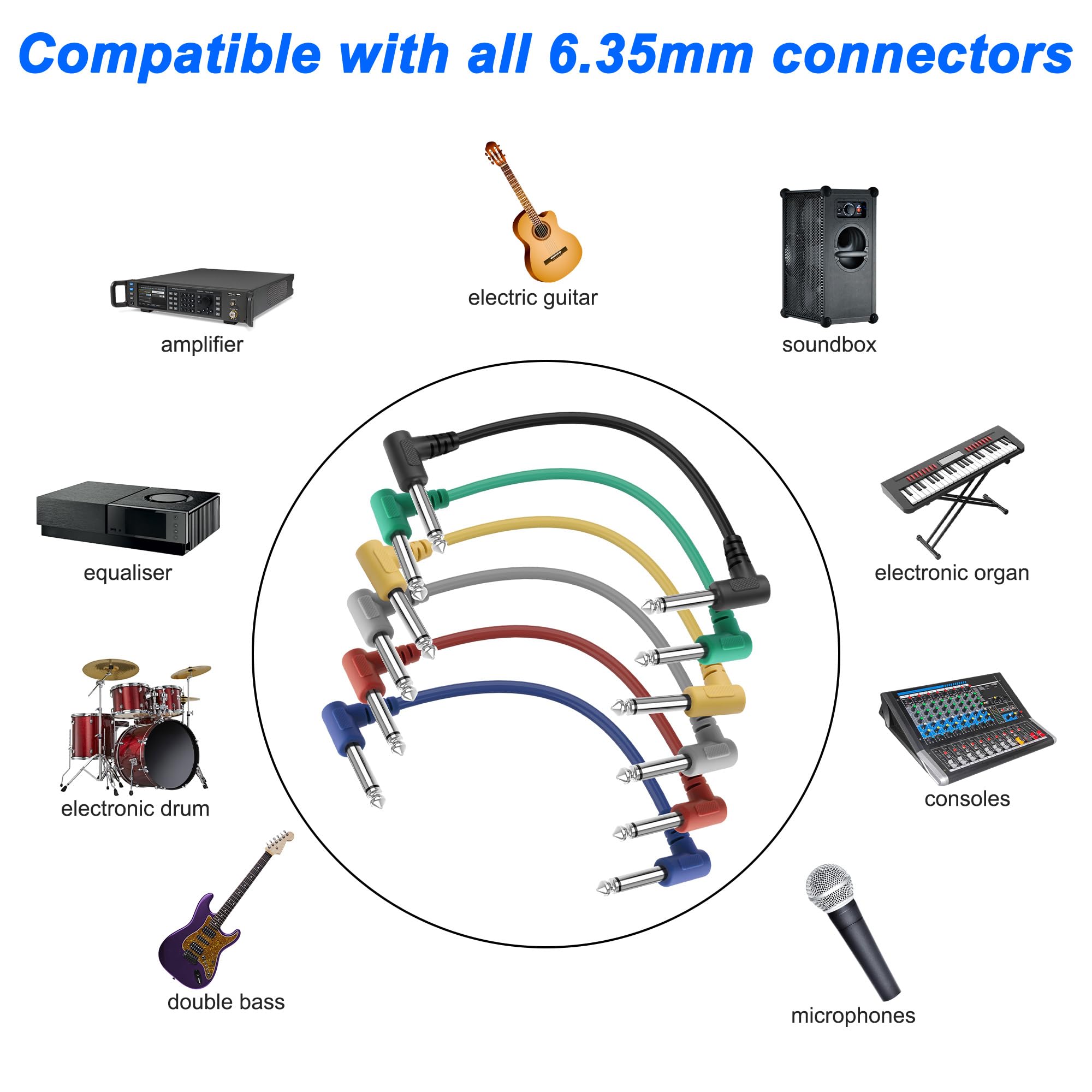 XMSJSIY Lot de 6 paquets de câbles patch pour guitare basse 6,35 mm 1/4" TS mâle vers fiche coudée droite Câble auxiliaire pour guitare basse Instrument 25 cm