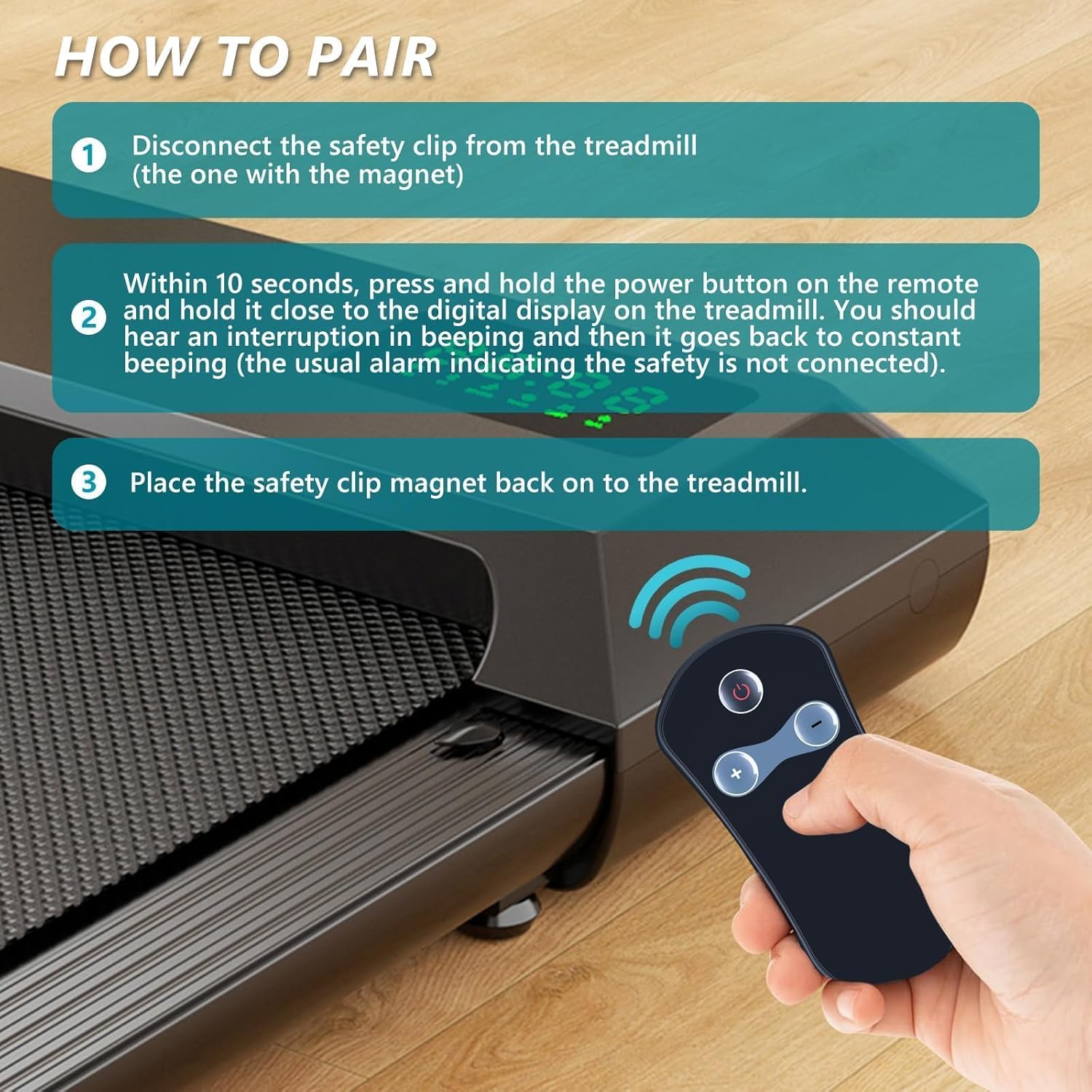 Diagram showing three steps to pair the remote control with a treadmill, including disconnecting the safety clip, pressing the remote's power button, and reattaching the safety clip.