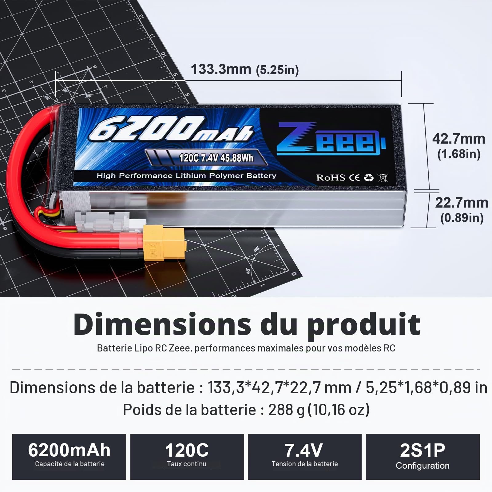 Zeee 2S LiPo 6200mAh 7,4V 120C Softcase avec XT60 connecteur (2 pièces) | batterie RC pour RC Voitures, camions, véhicules, truggies, Buggies, Chars, hélicoptères, Avions,etc
