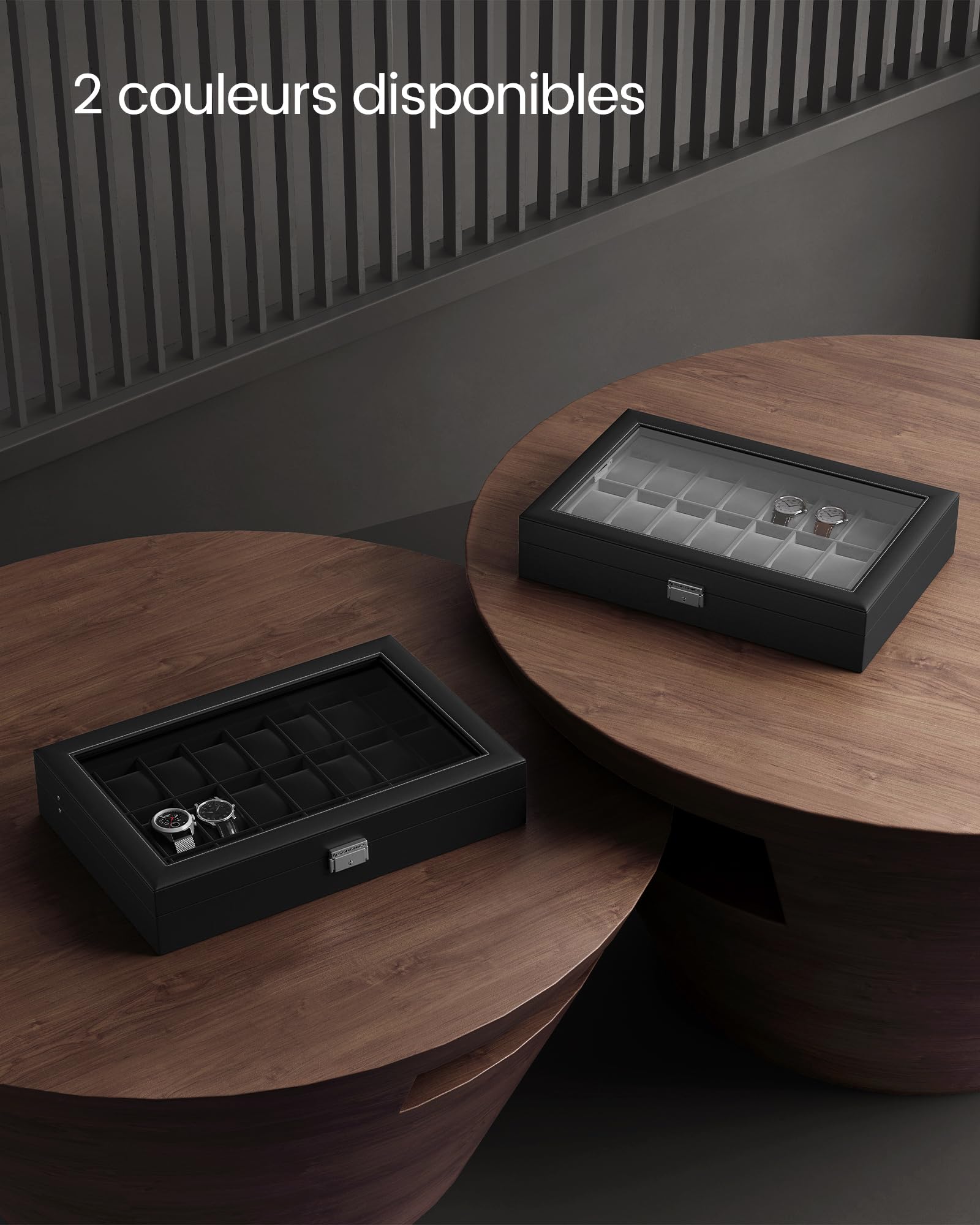 SONGMICS Boîte de rangement verrouillable pour montres avec 24 emplacements, couvercle en verre, cadeau pour vos proches, cuir synthétique noir, doublure noire d'encre JWB024B02