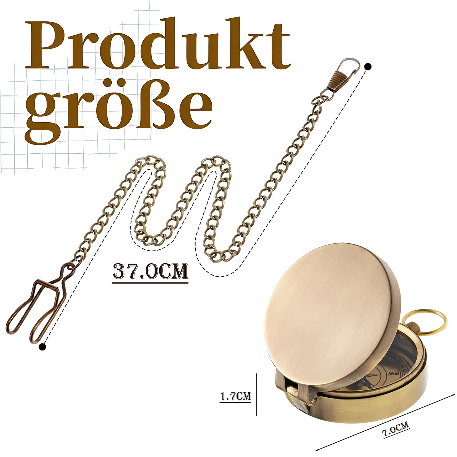 Taschenkompass aus Messing – vollfunktionsfähiger Kompass im antiken Nautik-Design, wasserdicht & tragbar mit 37 cm Kette – Ideal für Wandern, Outdoor, Camping& als gravierbares Geschenk - 3