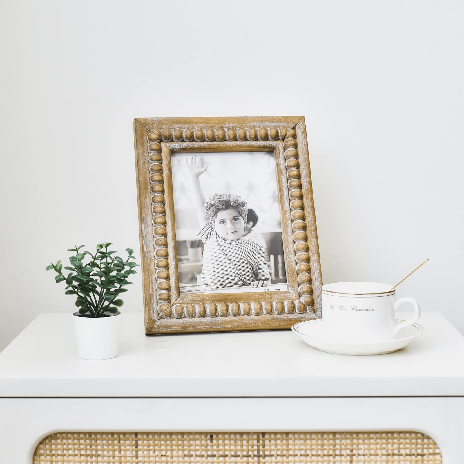 Marco de fotos rectangular grande de madera natural con cuentas decorativas, perfecto para fotos individuales de 5 x 7 pulgadas, idea de regalo de granja para familiares y amigos