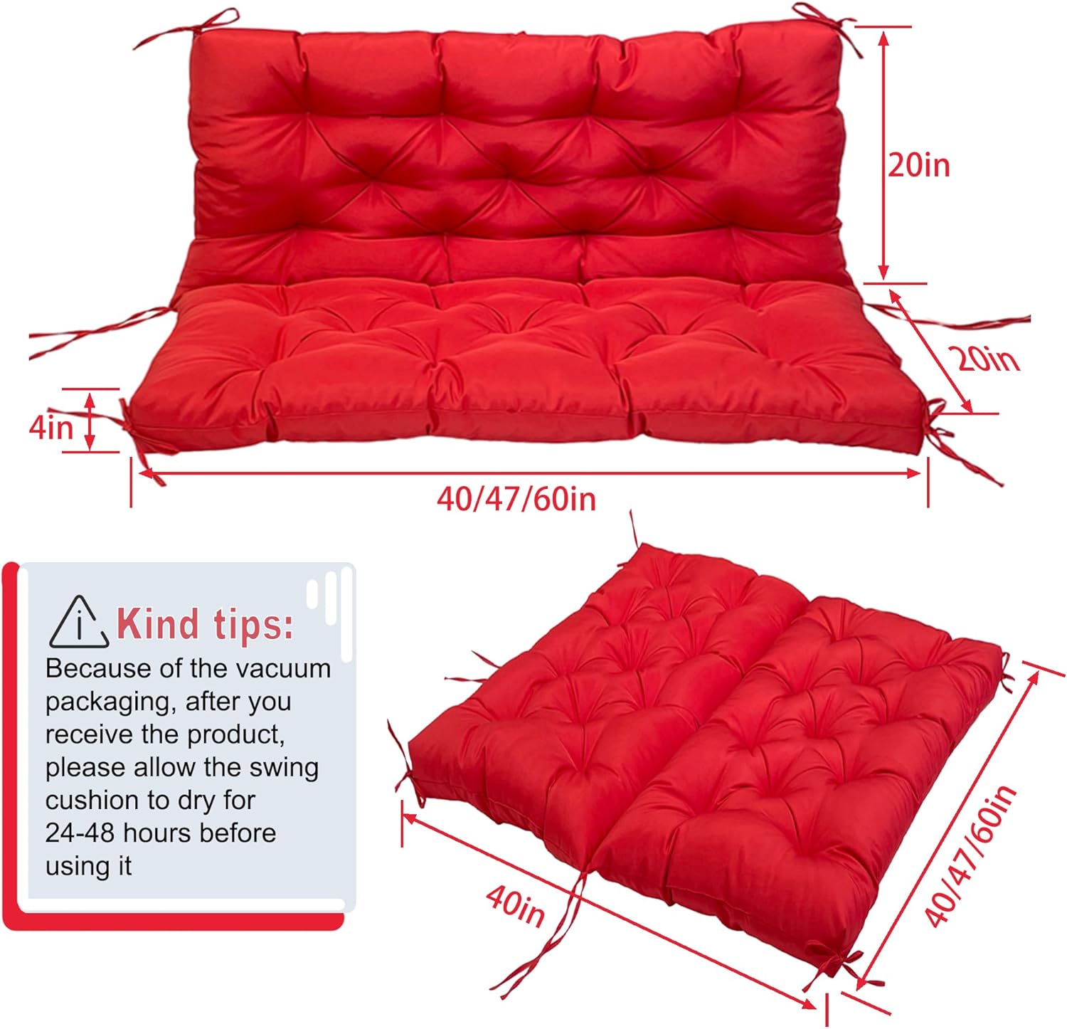 Replacement Swing Cushions for Outdoor Furniture: 2-3 Seater Waterproof Porch Bench Cushions with Ties and Backrest - 4" Thick Patio Swing Chair Cushion for Garden Backyard