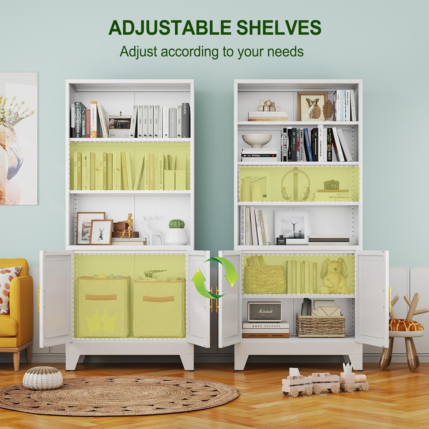 Metal Bookcase with Doors, White 71" Tall Bookcase with Storage, Floor Industrial Bookshelves and Bookcases 6 Tier Shelf Dispaly Storage Shelves for Home Office, Living Room, Bedroom, White - Image 6