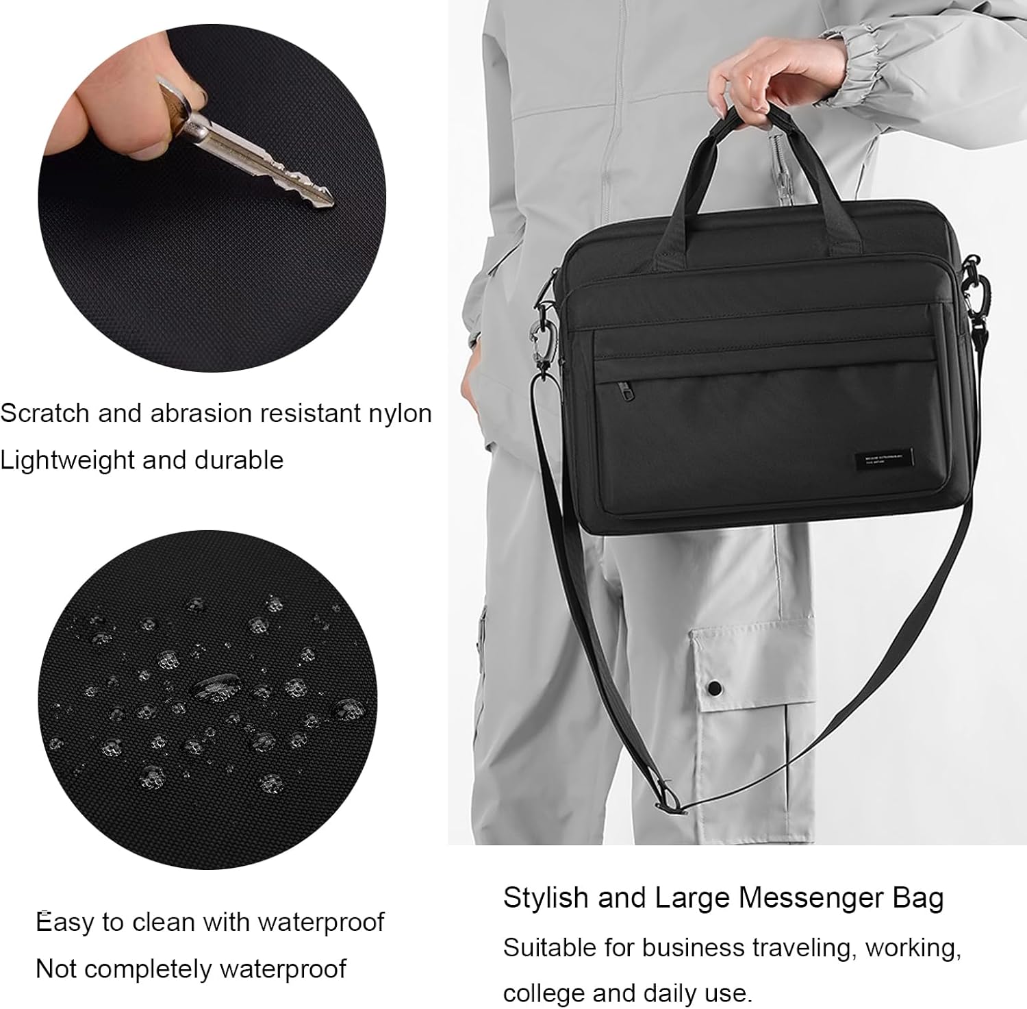 natyrlpog Laptop Bag 15.6 Inch Briefcase for Men Women Waterproof Nylon Lightweight, Shoulder Computer Messenger Handbag for Business Office Work Travel College Black - Image 6