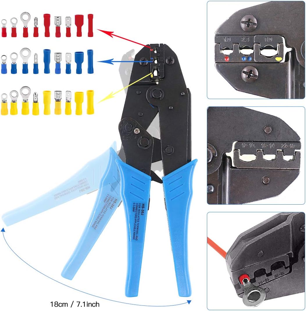 Glarks Wire Terminals Crimping Tool Set, Insulated Wire Terminals Connectors Ratcheting Crimper Tool 22-10AWG with 419Pcs Insulated Butt Bullet Spade Ring Crimp Terminal Connector and a Wire Stripper