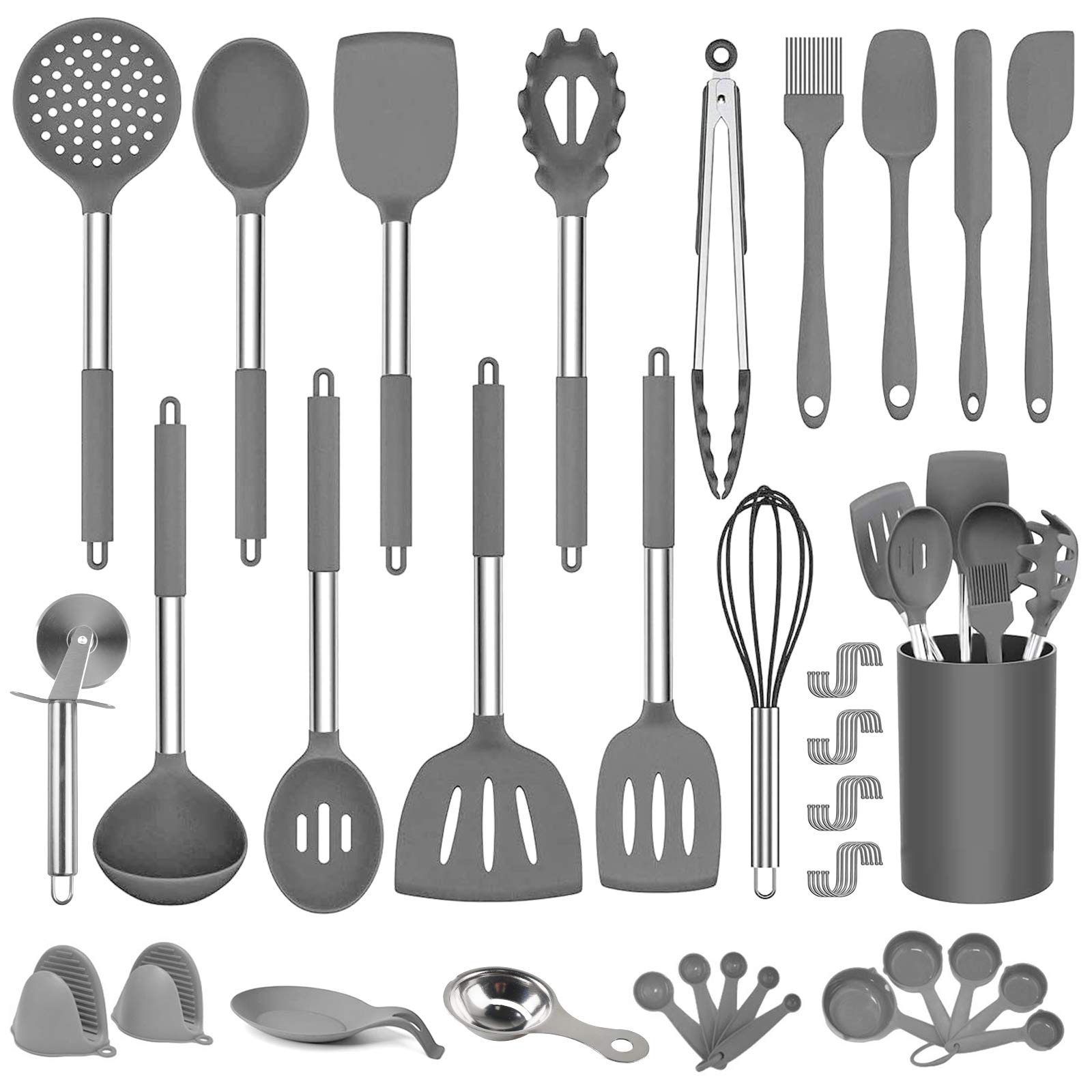 DOPGL Kitchen Utensil Set, 50 Pcs Silicone Cooking Kitchen Utensils Set, BPA Free, Non Toxic, Non-Stick Heat Resistant Best Kitchen Cookware with Stainless Steel Handle(Grey)