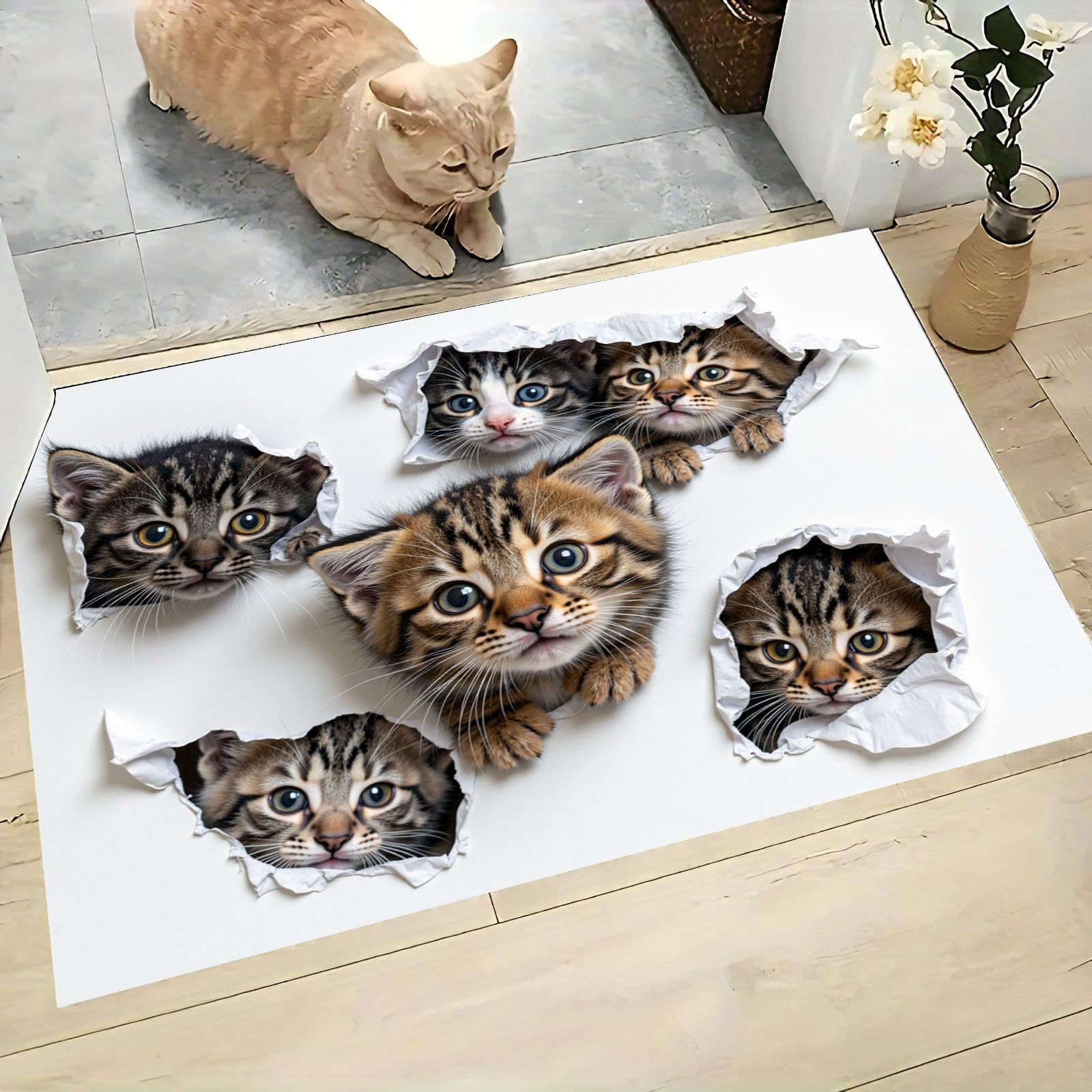 90 x 150 cm, paillasson d'entrée intérieur et extérieur, Tapis Animaux 3D Chat Mignon Qui Regarde, Tapis de Sol résistant à la décoloration, Profil Bas, Facile à Nettoyer Brun