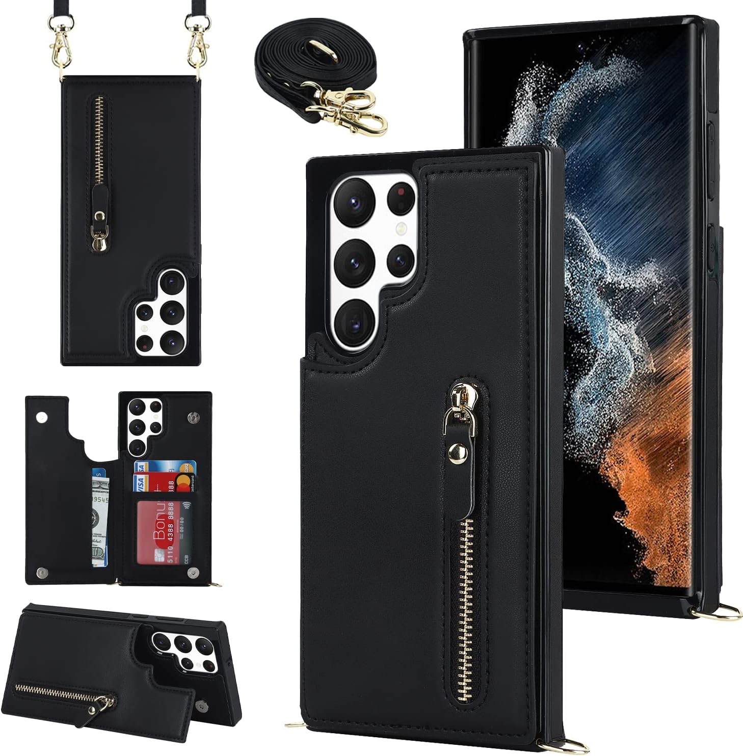 Crossbody Wallet Case for Samsung Galaxy S23 Ultra with RFID Blocking Card Slot Holder, Magnetic Flip Folio Purse Case, PU Leather Zipper Handbag with Detachable Lanyard Strap -Black