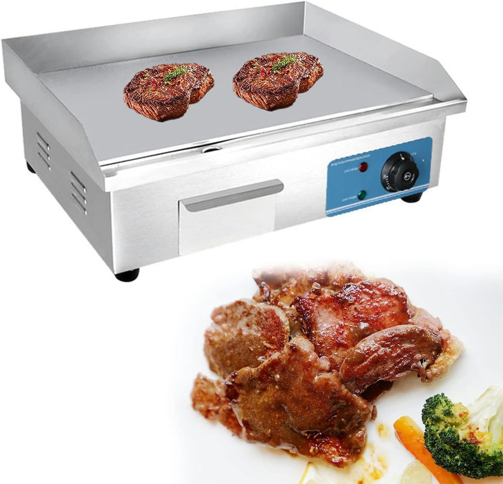 Piastra Elettrica in Acciaio Inox Piastra Antipasto Professionale Piastra di Cottura Elettrica con Vassoio Antispruzzo da 50℃ a 300℃, Piastra Elettrica Riscaldante, per Ristoranti Commerciali,818-1pc