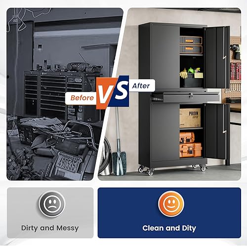 Miniatura 7 de Yizosh Armario de almacenamiento de metal para garaje con puertas de bloqueo y estantes ajustables, armario de almacenamiento de herramientas