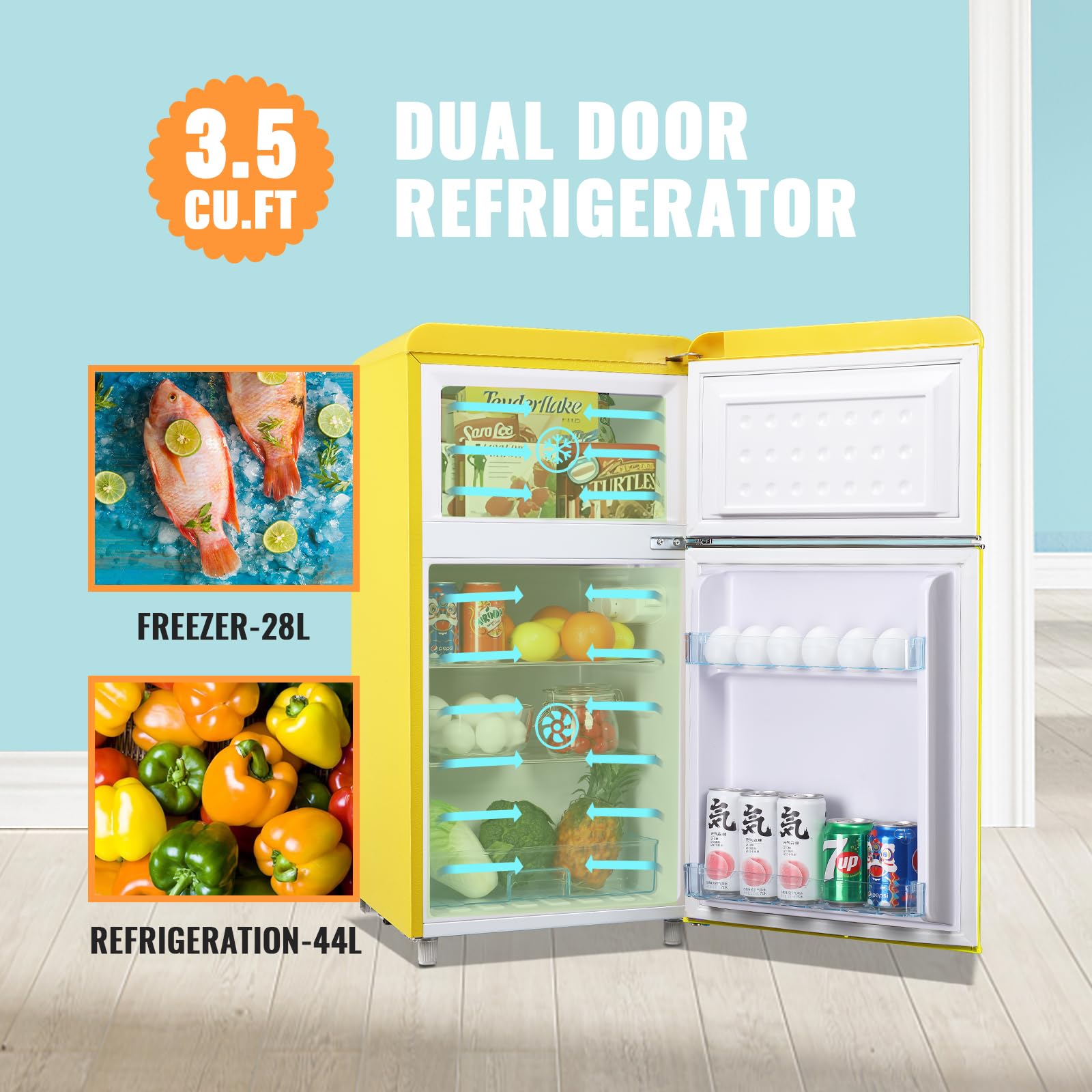 WANAI Mini Fridge Dual Door Refrigerator With Freezer 3.5 Cu.Ft, Compact Refrigerator With Adjustable Temperature & Removable Glass Shelves, Fridge For Apartment/Dorm/Office/RV, Yellow on Fridge.com - View 2