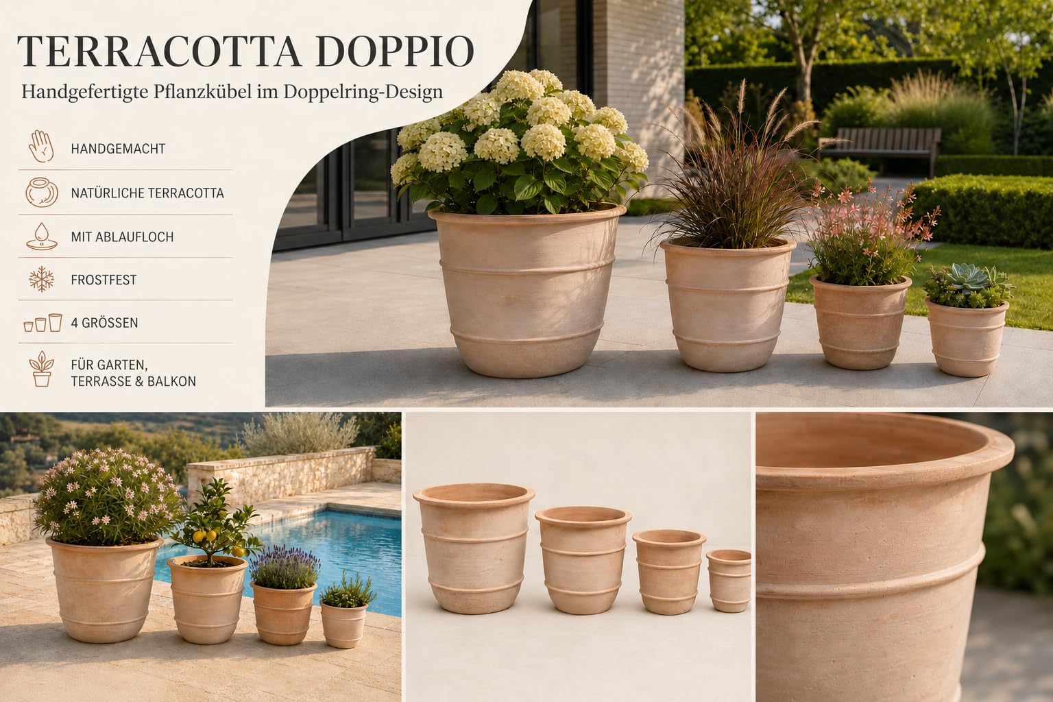 Terracotta Pflanzkübel Doppelring Design Handgemacht - Mediterran Blumentopf Frostfest für Garten Terasse Balkon (Ø53,5 cm)