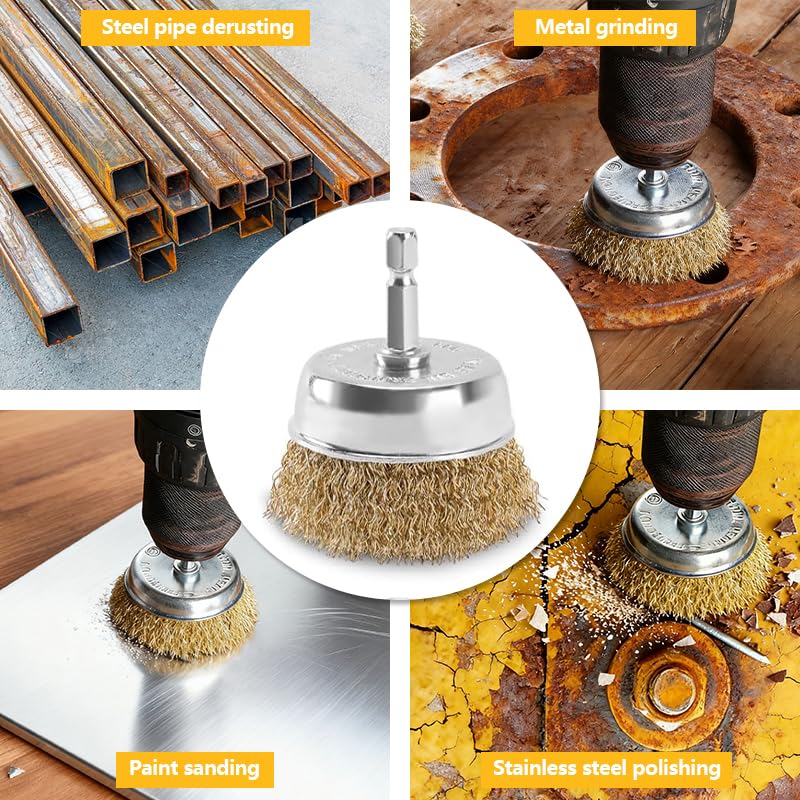 Image of 5 Pcs Wire Wheel Brush Set for Drill,Carbon Steel Wire Cup Wheel Coarse Crimped Abrasive Brass Coated Brushes with 1 /4 Inch Hex Shank for Rust Remova,Corrosion and Scrub Surfaces