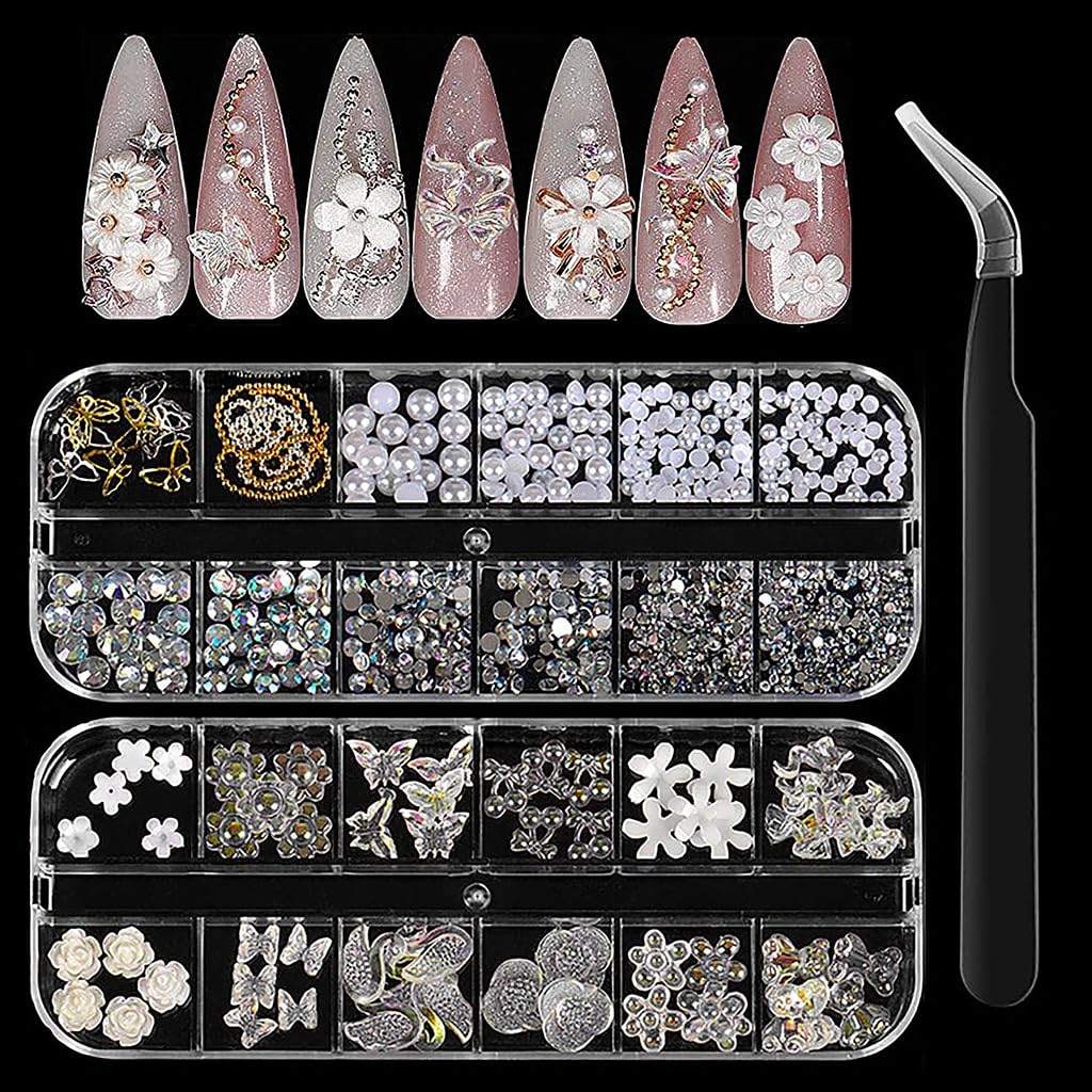 MAYCREATE® 3D Nail Charms Art Gem Decoration Accessories Kit, Aurora Bear Bow Butterfly Starry AB Rhinestone Charm Jewelry for Deco, Pearl Flower Caviar Bead Stone Crystal with Dotting Tools
