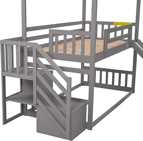 Miniatura 70 de SOFTSEA Litera individual sobre individual con tobogán, literas de casa para niños y niñas (blanco, litera de casa con tobogán) Blanco,Gris,Lavado