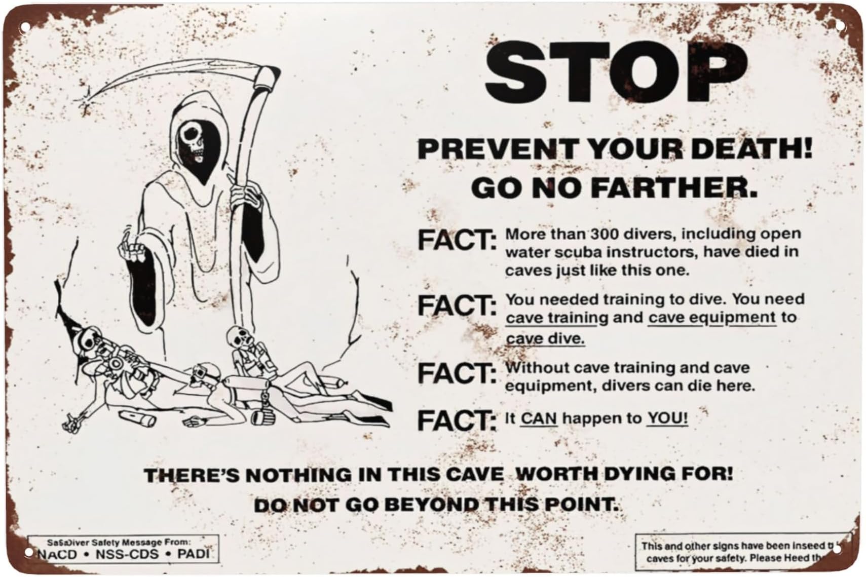 Custom Kraze Cave Diving Warning Reproduction Metal Sign 8 x 12