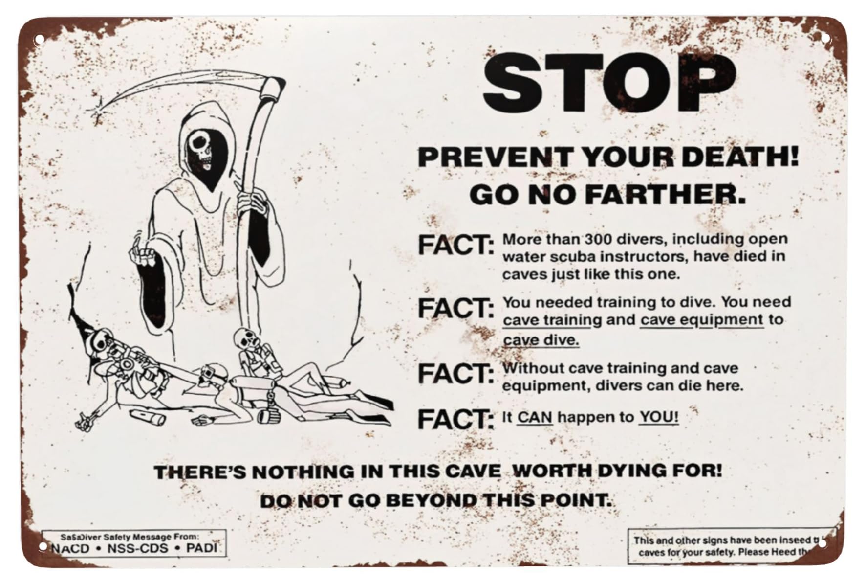 Custom Kraze Cave Diving Warning Reproduction Metal Sign 8 x 12