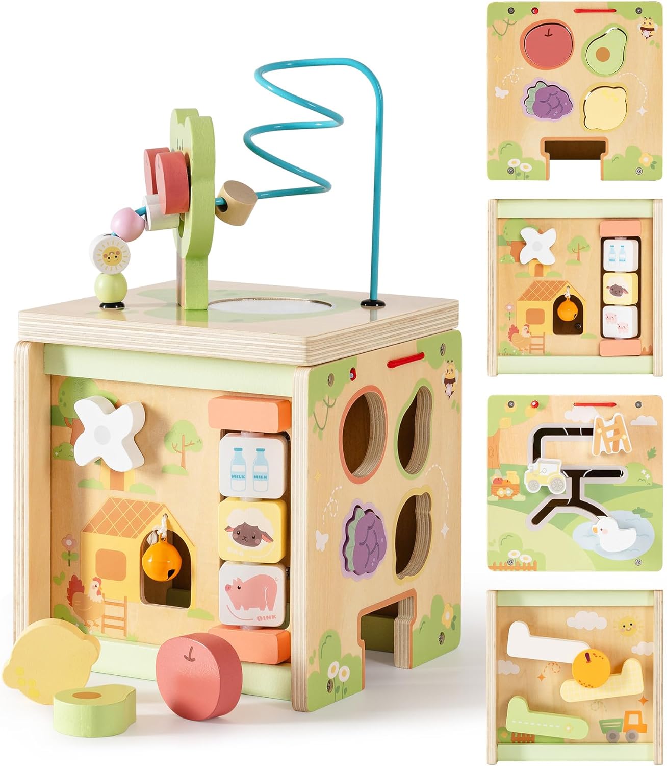 ROBOTIME Wooden Activity Cube with Bear Orchard Theme, 9-in-1 Montessori Toys for 12M+ Boys & Girls, Educational Learning Toys for Toddlers Age 1-3, 1st Birthday Gift