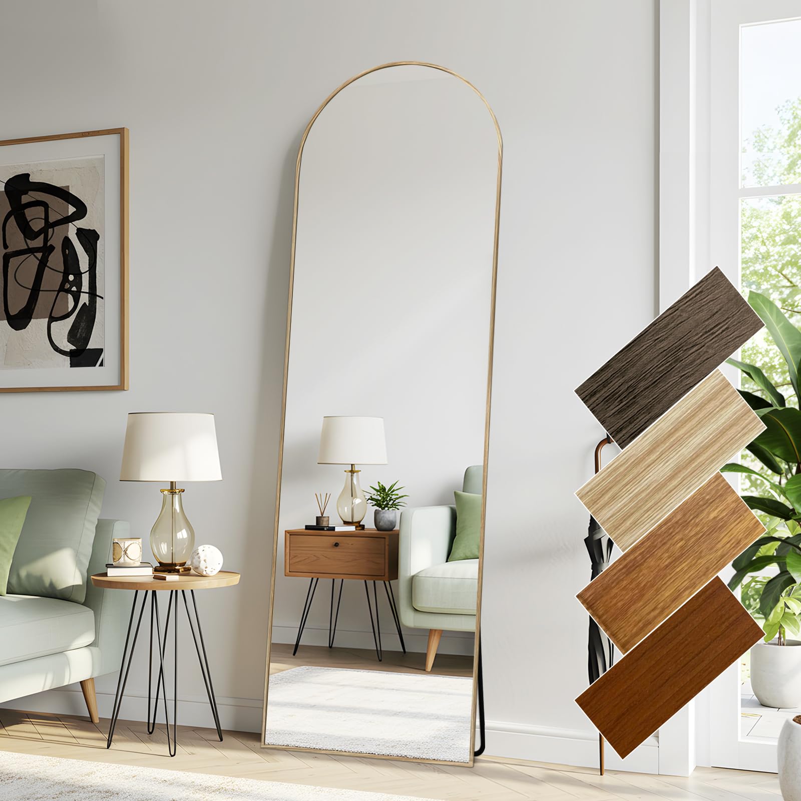 LunaMirror 44x146 CM Arched Full Length Mirrors Aluminium Frame in Classic Natural Wood Look Free Standing Tempered Glass Floor Mirror Full Body Wall Mountable for Bedroom, Living Room, Hallway